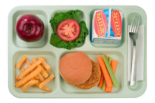 school lunch tray with burger and fries